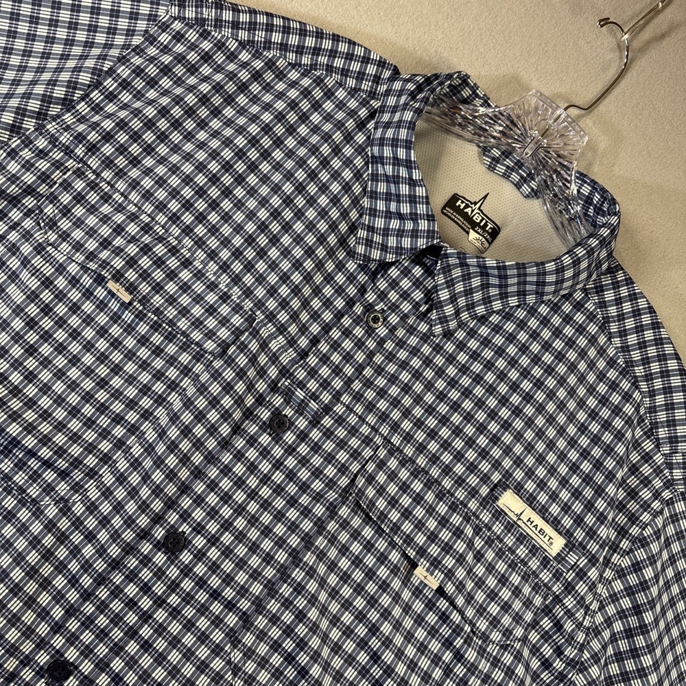 Habit Kona Beach River Shirt Mens Size 2XL Fish Finder Blue Peacoat Plaid Vented